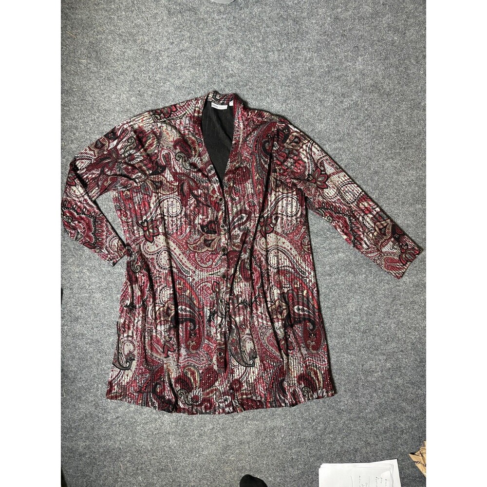 Susan Graver Sweater Womens 3X Red Paisley Button Front Cardigan Boho Knit